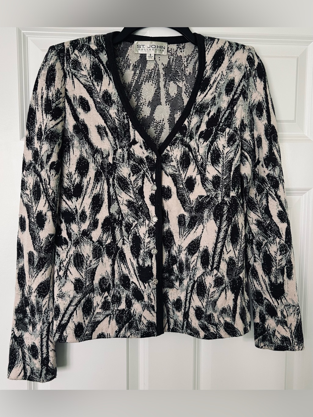 St. John Collection Santana Knit Feather-Print Cardigan In Black & Ivory